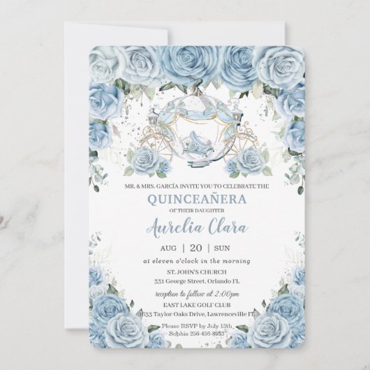 Invitation Baby Blue Floral Cendrillon Coach Quinceañera (Devant)
