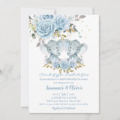 Invitation Baby Blue Floral Cute Elephants Twins Baby shower (Devant)