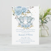 Invitation Baby Blue Floral Cute Elephants Twins Baby shower (Debout devant)