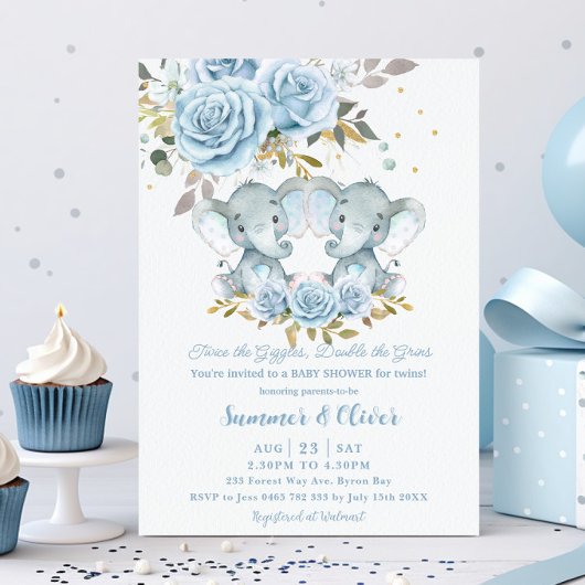 Invitation Baby Blue Floral Cute Elephants Twins Baby shower