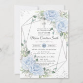 Invitation Baby Blue Floral Silver Baptism Christening  (Devant)