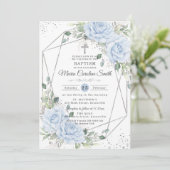 Invitation Baby Blue Floral Silver Baptism Christening  (Debout devant)