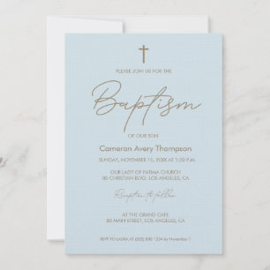 Invitation Baby Blue Gold Cross calligraphie typographique mo