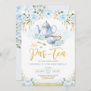 Invitation Baby Blue Gold Floral Girls Anniversaire Tea Party