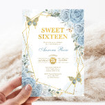 Invitation Baby Blue Gold Sweet 16 Butterfly Cadre géométriqu<br><div class="desc">L'invitation parfaite pour le doux 16 de votre fille est enfin là ! Cet invitation chic présente d'élégants roses bleu poussiéreux d'aquarelle, des papillons doux et un cadre doré géométrique moderne. Cliquez sur le bouton "customiser plus loin" si vous souhaitez réorganiser et formater le style et le placement du texte....</div>