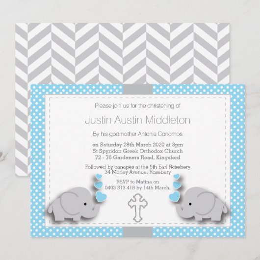 Invitation Baby Blue & Grey Elephant 🐘 bébé - Christening (Devant / Derrière)