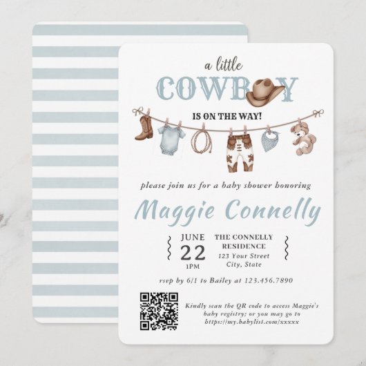 Invitation Baby Blue Little Cowboy is on the Way (Devant / Derrière)