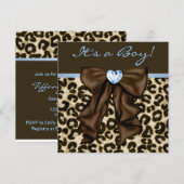Invitation Baby Blue Marron Léopard Fête de Naissance Garçon (Devant / Derrière)