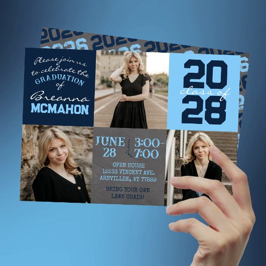 Invitation Baby Blue & Navy Chalkboard 3 Photo Graduation
