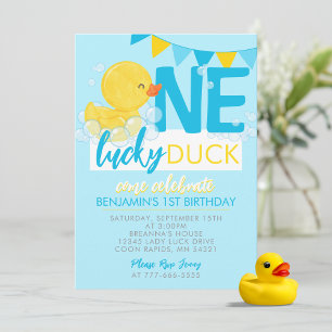 Invitation Baby Blue One Lucky Duck Watercolor 1er anniversai