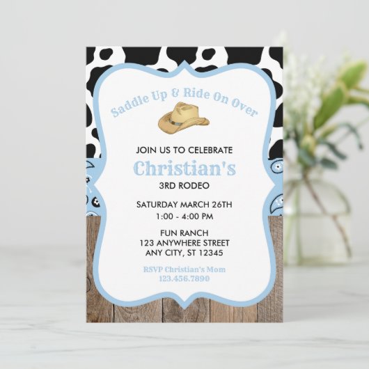 Invitation Baby Blue Rodeo Wild West Cowboy Anniversaire (Debout devant)