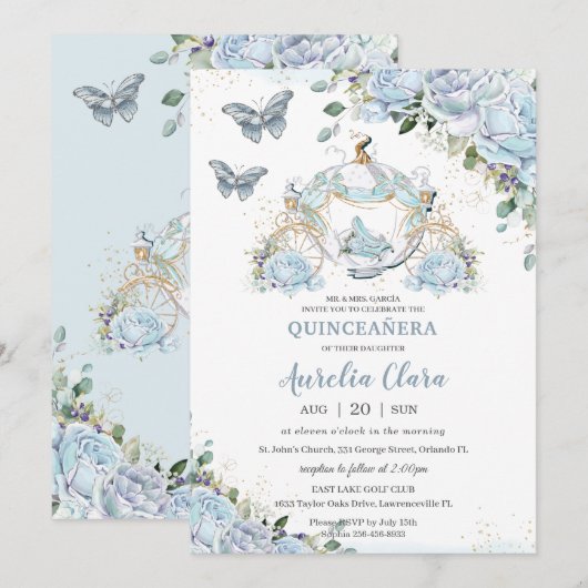 Invitation Baby Blue Roses Princesse Cinderella Quinceañera (Devant / Derrière)