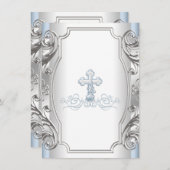 Invitation Baby Blue Silver Cross Boy Baptism Christening (Devant / Derrière)