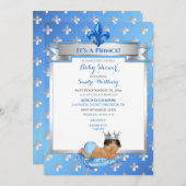 Invitation Baby Blue & Silver Fleur de Lis Ethnic Prince (Devant / Derrière)