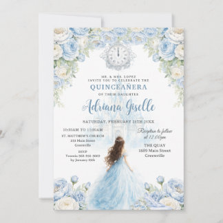 Invitation Baby Blue White Floral Cinderella Quinceanera 15
