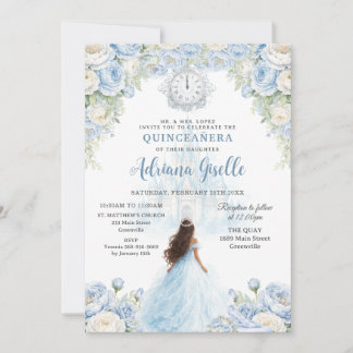Invitation Baby Blue White Floral Cinderella Quinceanera 15