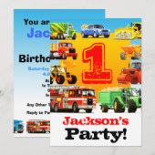 Invitation Baby Boy 1er anniversaire Big Trucks Party (Devant / Derrière)