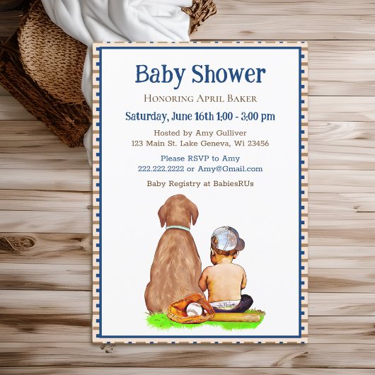Invitation Baby Boy and Dog Baseball Baby shower à thème