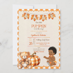 Invitation Baby Boy Automne Plaid Teddy Bear Citrouille Feuil