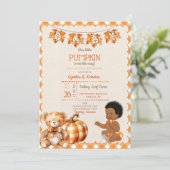 Invitation Baby Boy Automne Plaid Teddy Bear Citrouille Feuil (Debout devant)