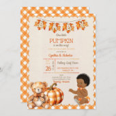 Invitation Baby Boy Automne Plaid Teddy Bear Citrouille Feuil (Devant / Derrière)