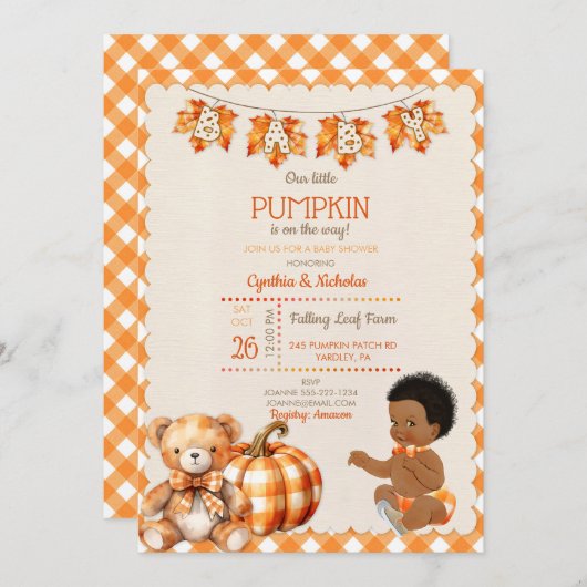 Invitation Baby Boy Automne Plaid Teddy Bear Citrouille Feuil (Devant / Derrière)
