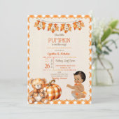Invitation Baby Boy Automne Plaid Teddy Bear Citrouille Feuil (Debout devant)
