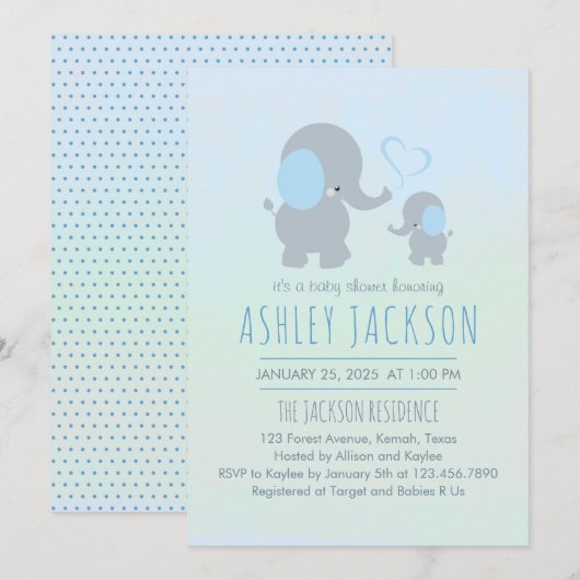Invitation Baby Boy Baby Elephant Baby shower (Devant / Derrière)