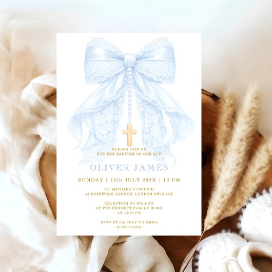 Invitation Baby Boy Baptism Blue Bow