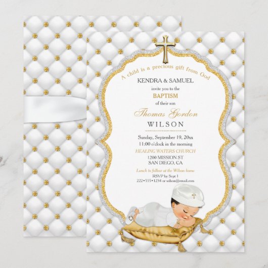 Invitation Baby Boy Baptism Christening Gold Cross (Devant / Derrière)
