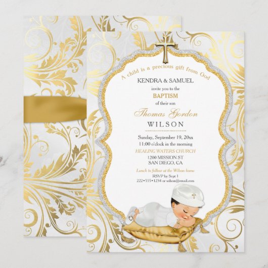 Invitation Baby Boy Baptism Christening Gold Cross (Devant / Derrière)