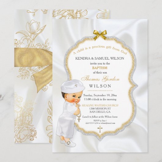 Invitation Baby Boy Baptism Christening Gold Cross (Devant / Derrière)
