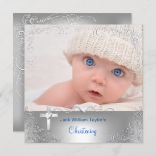 Invitation Baby Boy Baptism Christening Silver Cross