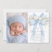 Invitation Baby Boy Baptism Photo Floral Eucalyptus Bow (Devant)
