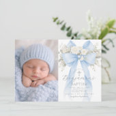 Invitation Baby Boy Baptism Photo Floral Eucalyptus Bow (Debout devant)