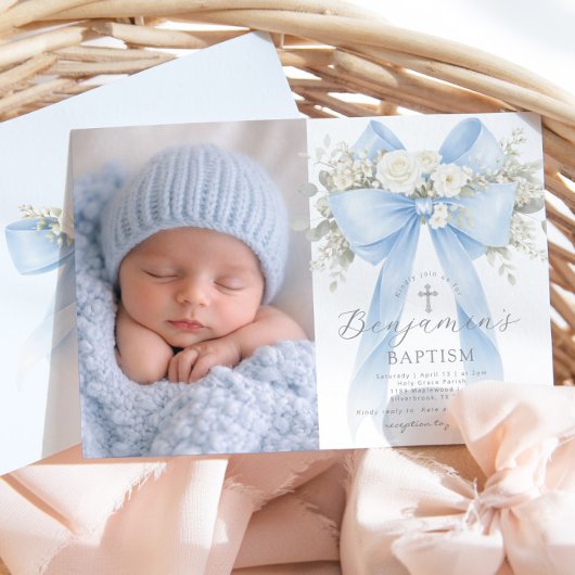 Invitation Baby Boy Baptism Photo Floral Eucalyptus Bow