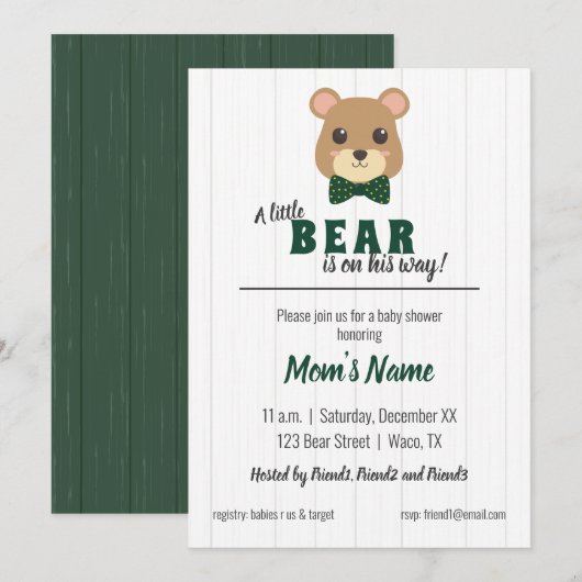 Invitation Baby Boy Bear Green & Gold Baby shower (Devant / Derrière)