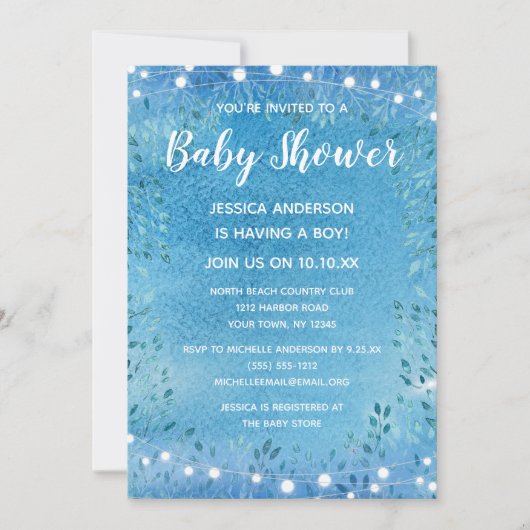 Invitation Baby Boy Blue Aquarelle String Baby shower Lumière (Devant)