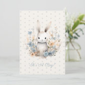 Invitation Baby Boy Blue Rabbit and Flowers Baby shower (Debout devant)