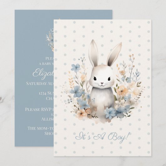 Invitation Baby Boy Blue Rabbit and Flowers Baby shower (Devant / Derrière)
