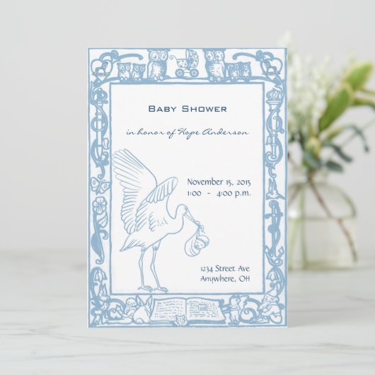 Invitation Baby Boy Blue Stork & Owl Border Shower (Debout devant)