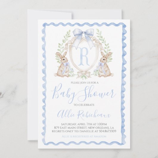 Invitation Baby Boy Bunny Rabbit Douche Preppy Blue En vichy (Devant)