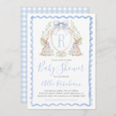 Invitation Baby Boy Bunny Rabbit Douche Preppy Blue En vichy (Devant / Derrière)
