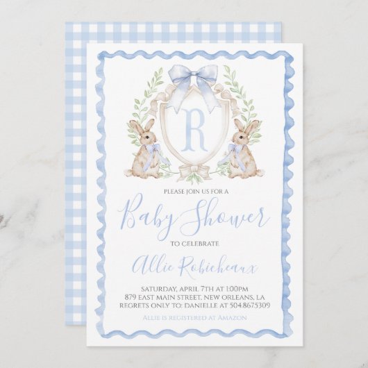 Invitation Baby Boy Bunny Rabbit Douche Preppy Blue En vichy (Devant / Derrière)