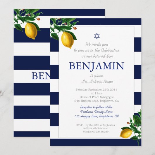 Invitation Baby Boy Cérémonie de nom Lemons Bleu Juif Hébreu (Devant / Derrière)