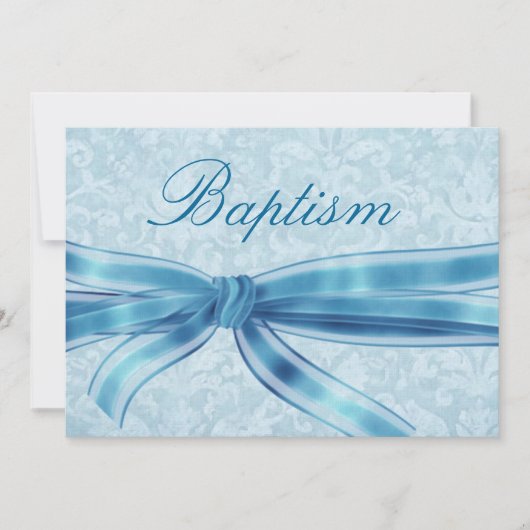 Invitation Baby Boy Christening Blue Damask Linen Papier (Devant)