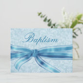 Invitation Baby Boy Christening Blue Damask Linen Papier (Debout devant)