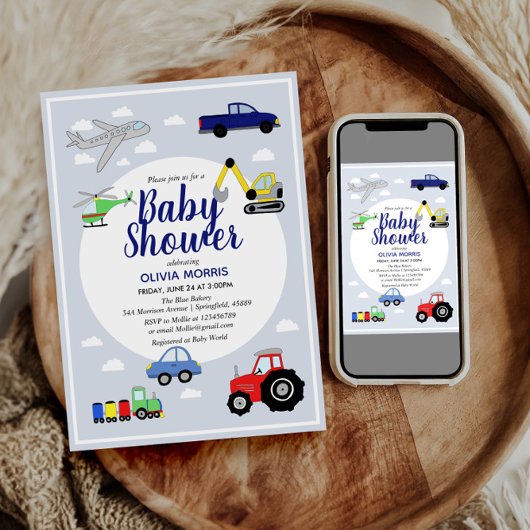 Invitation Baby Boy Cute Blue Car Train Baby shower de transp