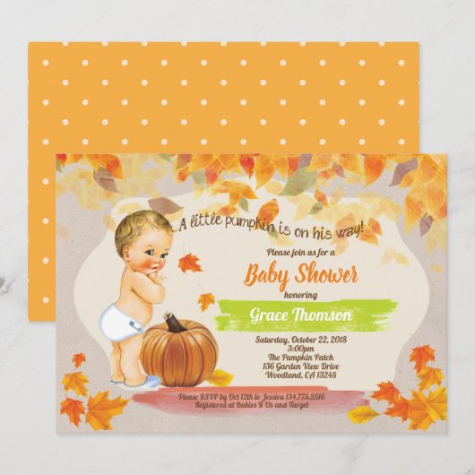 Invitation Baby-boy d'automne douche citrouille rétro vintage (Devant / Derrière)