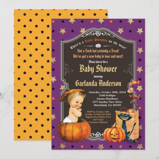 Invitation Baby-boy d'Halloween douches en or violet (Devant / Derrière)
